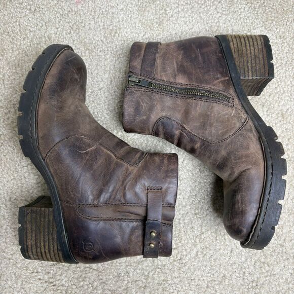 Born Womens Size 8 Nisbet Ankle Boots Brown Distressed Leather Chunky Heel Zip - Picture 5 of 8